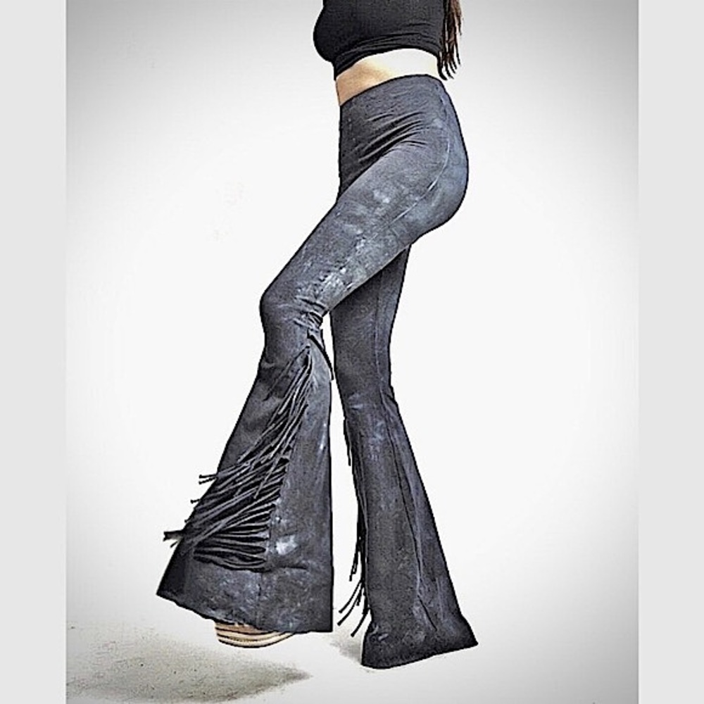 PETITE LENGTH Fringe Bell Bottoms - High Waisted Tie Dye Bell Bottom Flare Pants - Picture 8 of 8